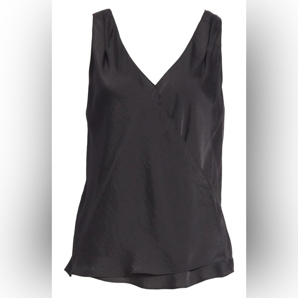 Vince. Wrap Tank Womens Black V-Neck Sleeveless Hammered Satin